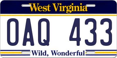 WV license plate OAQ433