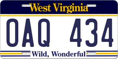 WV license plate OAQ434