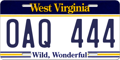 WV license plate OAQ444