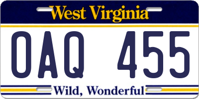 WV license plate OAQ455