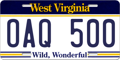 WV license plate OAQ500