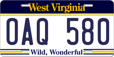 WV license plate OAQ580