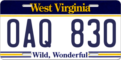 WV license plate OAQ830