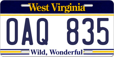 WV license plate OAQ835