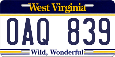 WV license plate OAQ839