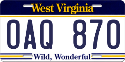 WV license plate OAQ870