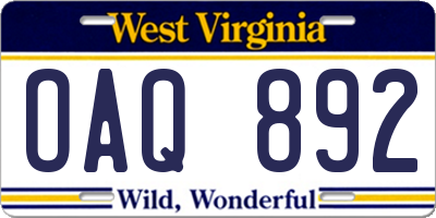 WV license plate OAQ892