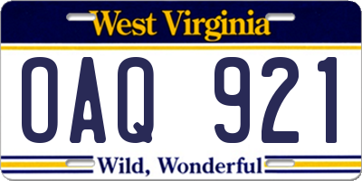 WV license plate OAQ921