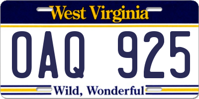 WV license plate OAQ925