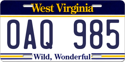 WV license plate OAQ985