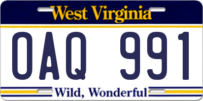 WV license plate OAQ991