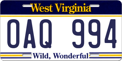 WV license plate OAQ994