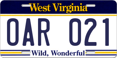 WV license plate OAR021