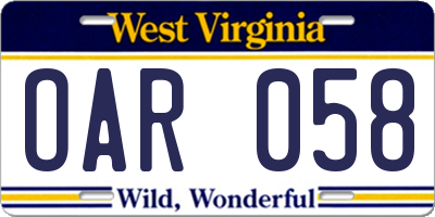 WV license plate OAR058