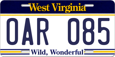 WV license plate OAR085