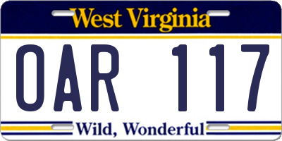 WV license plate OAR117