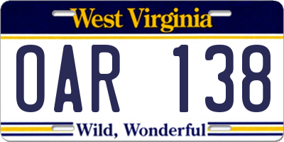 WV license plate OAR138