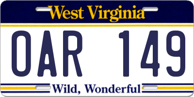 WV license plate OAR149