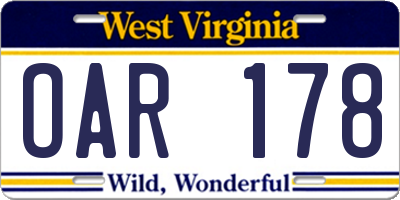 WV license plate OAR178