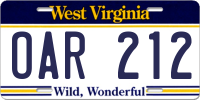 WV license plate OAR212