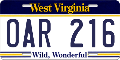 WV license plate OAR216