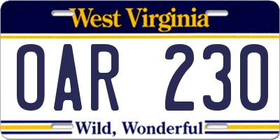 WV license plate OAR230