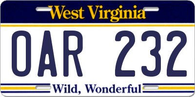 WV license plate OAR232