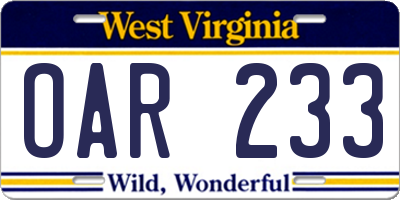 WV license plate OAR233