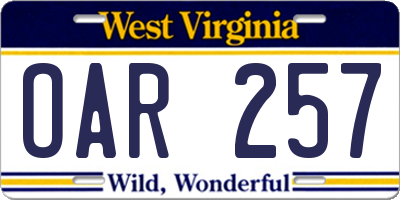 WV license plate OAR257
