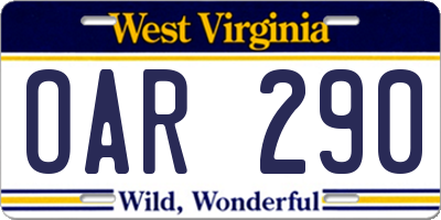 WV license plate OAR290