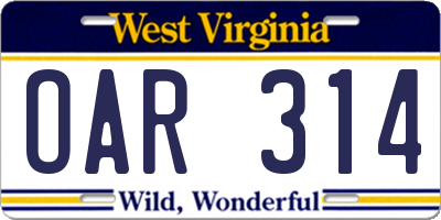 WV license plate OAR314