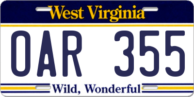 WV license plate OAR355