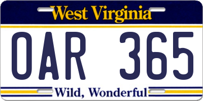 WV license plate OAR365