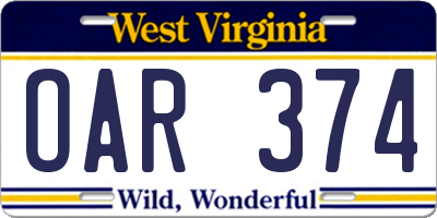 WV license plate OAR374