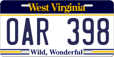 WV license plate OAR398