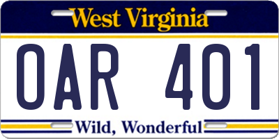 WV license plate OAR401