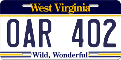WV license plate OAR402