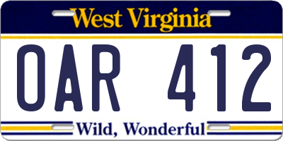 WV license plate OAR412
