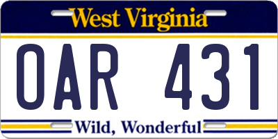 WV license plate OAR431