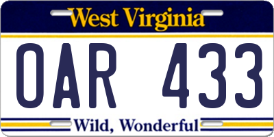 WV license plate OAR433
