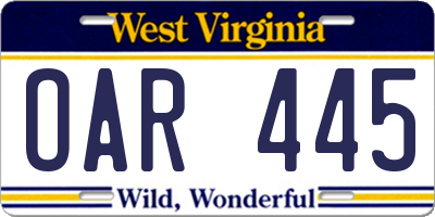 WV license plate OAR445