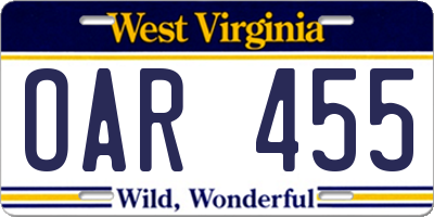WV license plate OAR455