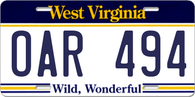 WV license plate OAR494