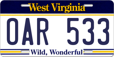 WV license plate OAR533