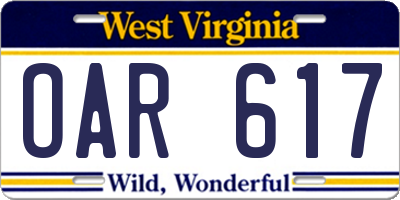 WV license plate OAR617