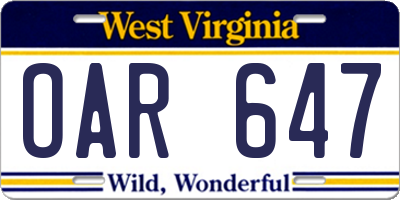 WV license plate OAR647