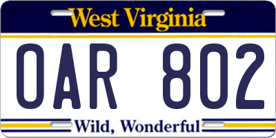 WV license plate OAR802