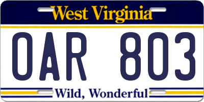 WV license plate OAR803