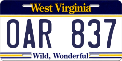 WV license plate OAR837