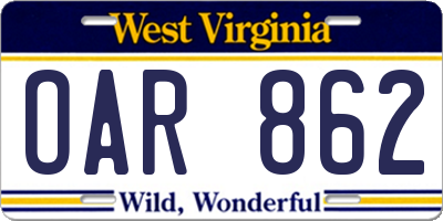 WV license plate OAR862
